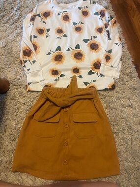 Sunflower Print Long Sleeve Top with Mustard Button Skirt